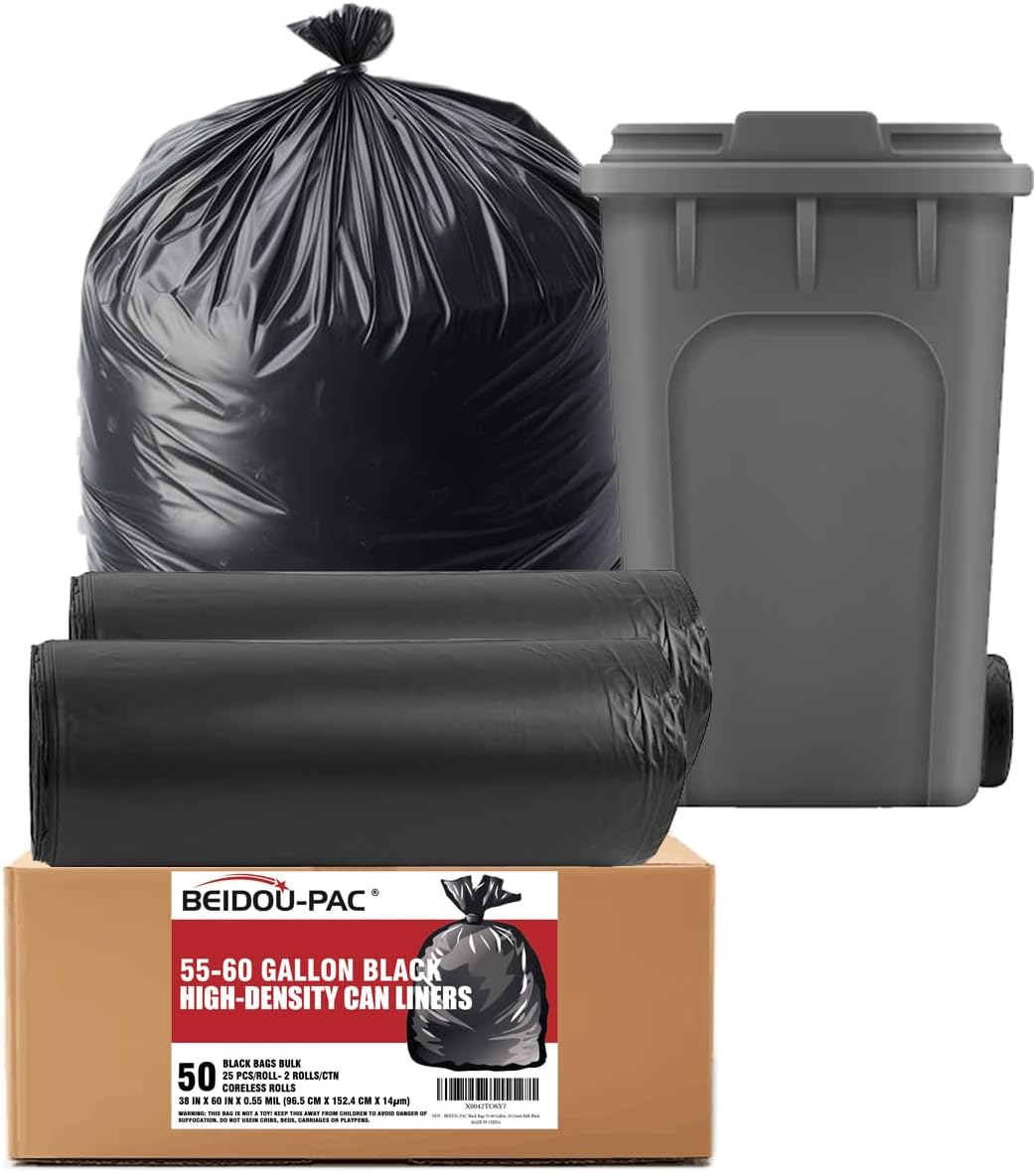 55-60 Gallon Trash Bags, 50 Count Bulk, Black Heavy Duty Garbage bags, Multi-purpose Trash Can Bin