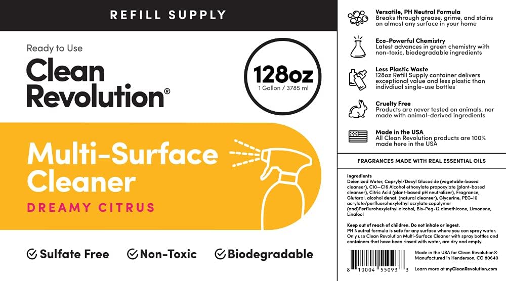 Clean Revolution Multi Surface Cleaner Refill Supply, Non-Toxic, Eco-Friendly & Plant-Based, Ready
