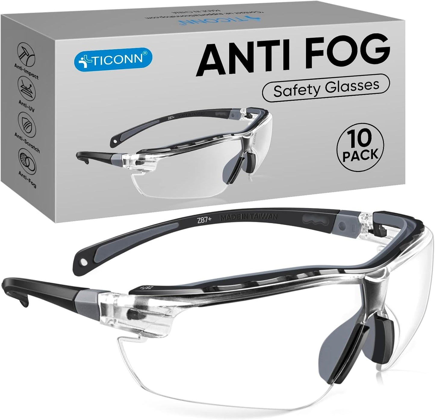 TICONN Anti-Fog Safety Glasses for Men and Women, ANSI Z87.1 Scratch Proof Eye Goggles with