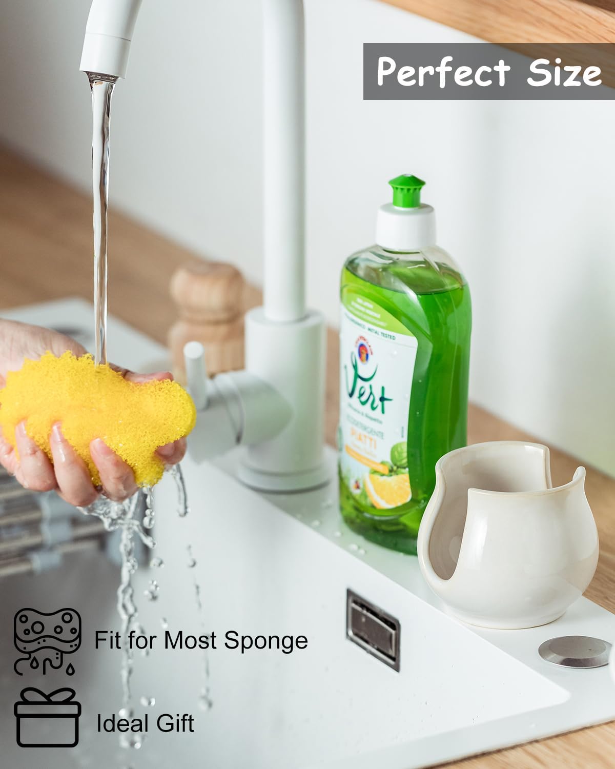 Sponge Holder for Kitchen Sink Counter, Ceramic Dish Sponge Caddy White Sink Organizer Dish Rack