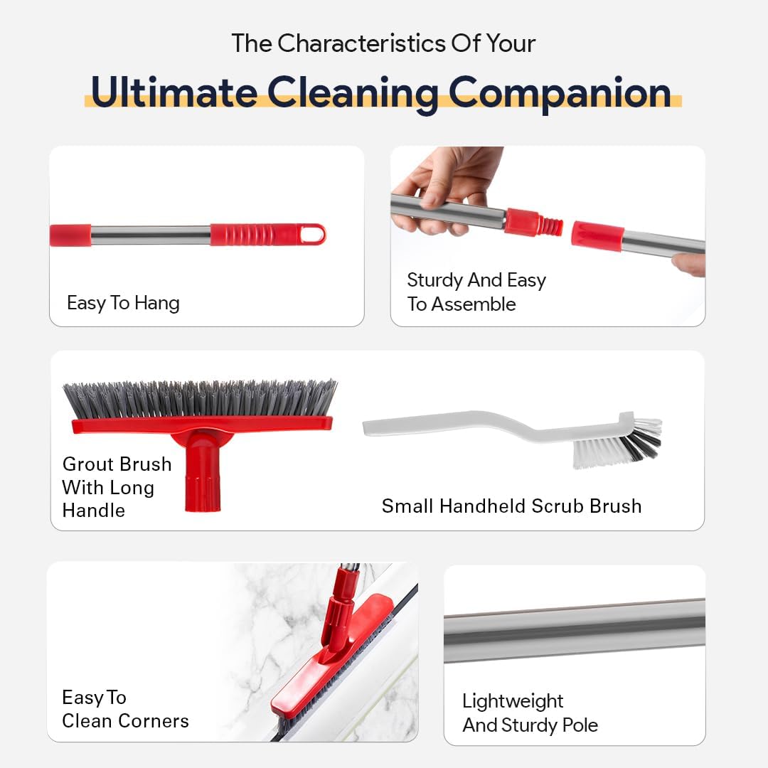 Foxtrot Living Grout Brush with Long Handle & Handheld Stiff Bristle Scrubber, V-Shaped Cleaner