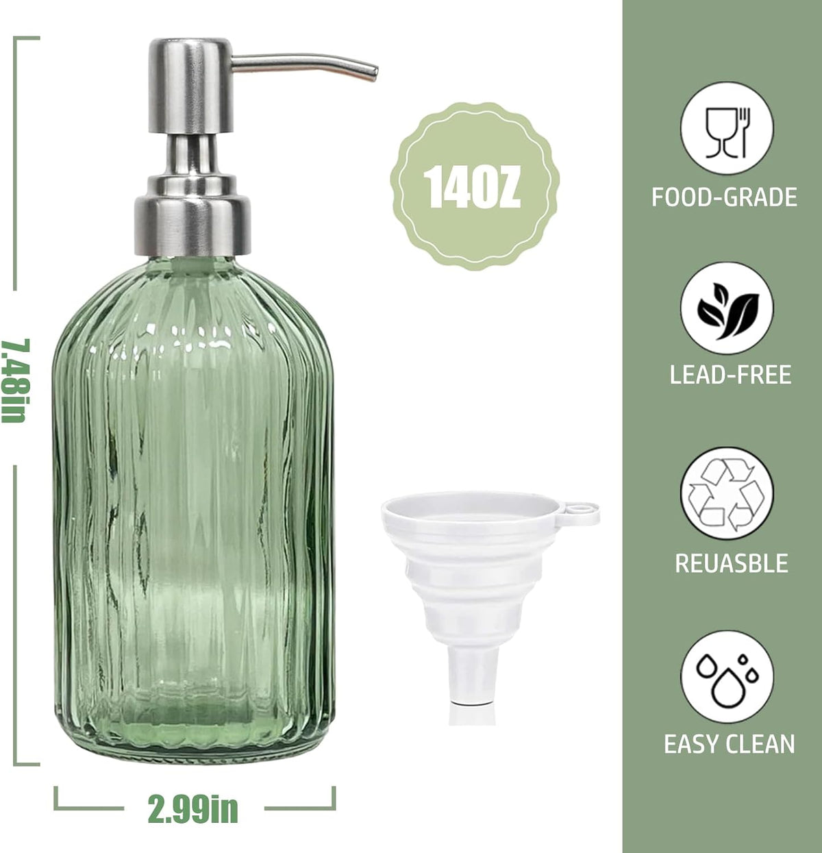 14Oz Green Soap Dispenser Bathroom, Clear Glass Hand Soap Dispensers with Stainless Steel Pump