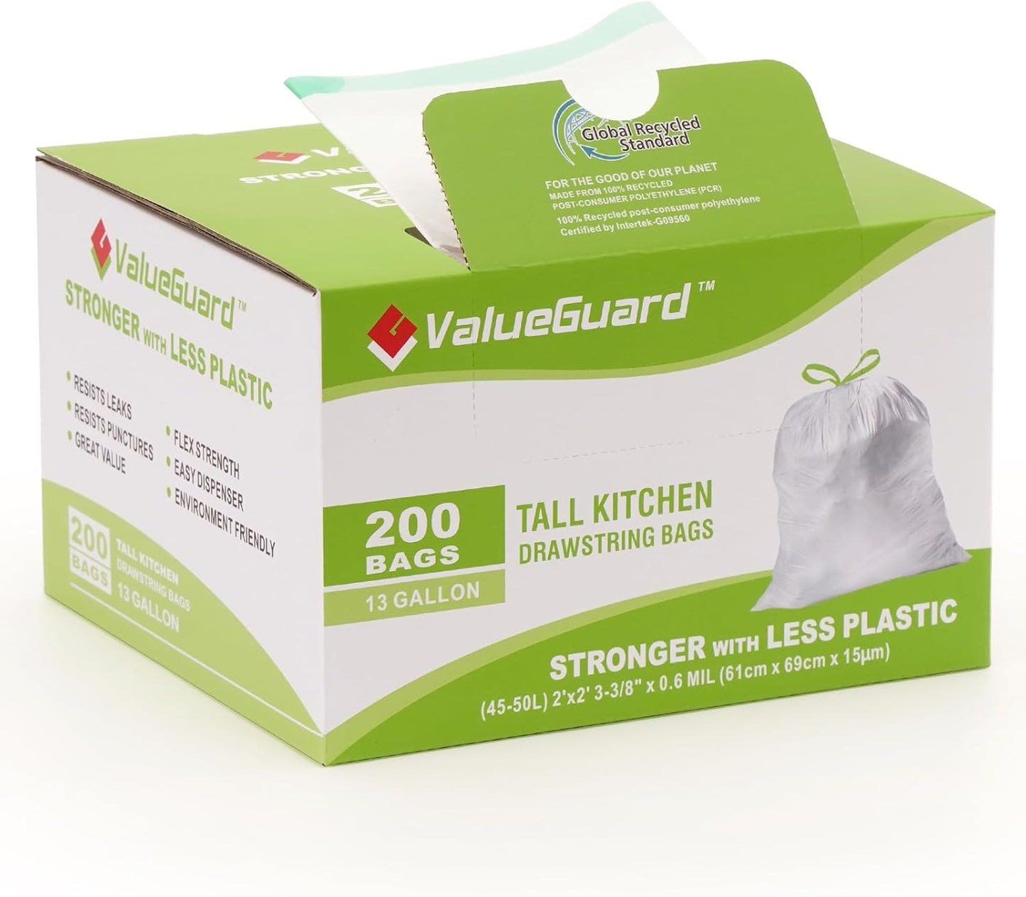 Large Trash Bag 13 Gallon Tall Drawstring 100% Post-Consumer Recycled Garbage Bag Waste Bag for