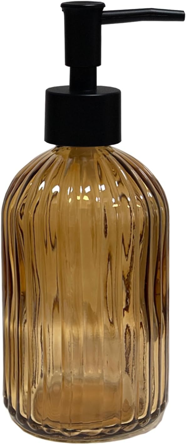 Black Pump Glass Soap Dispenser, 13.5oz Brown Stripe Countertop Refillable Liquid Bottle Hand Dish