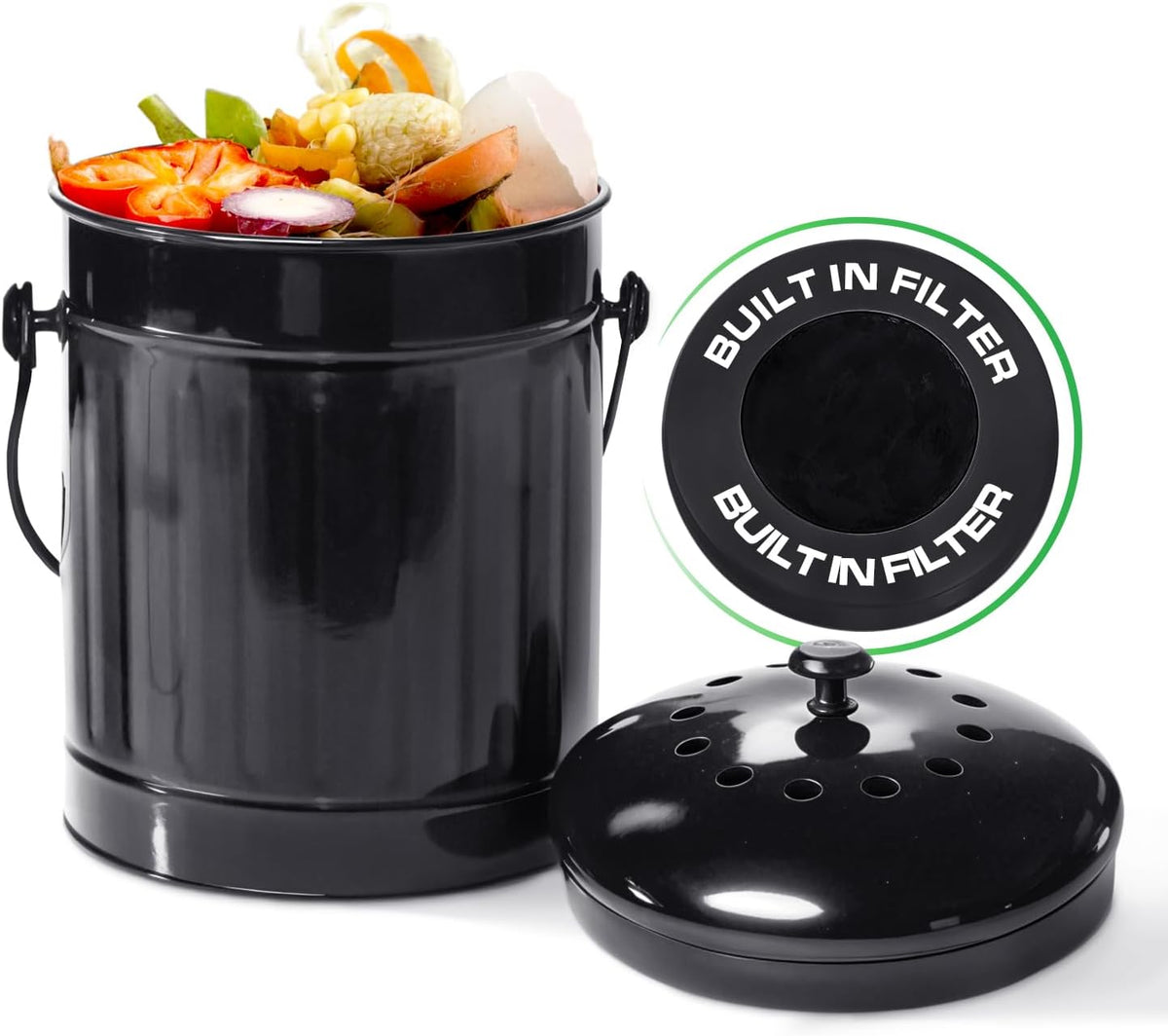 Plexon Countertop Compost Bin Kitchen Indoor with Lid, Black 1.5 Gallon Odorless Kitchen Container