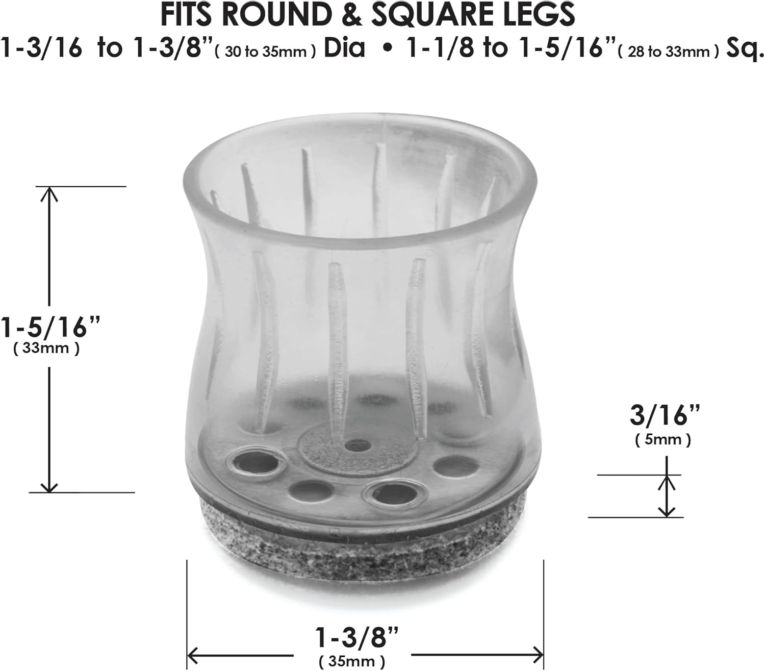 Slipstick GorillaFelt Chair Leg Floor Protectors for Hardwood Floors, Clear Sleeve Felt Pads for