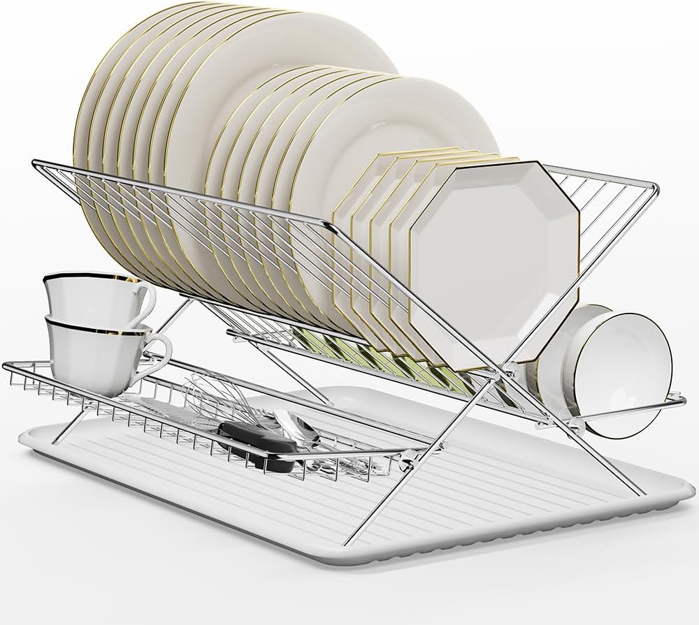 Dish Drying Rack with Drip Tray, 3 Tier Collapsible Stainless Steel Dish Drainer, Plate Rack Holder