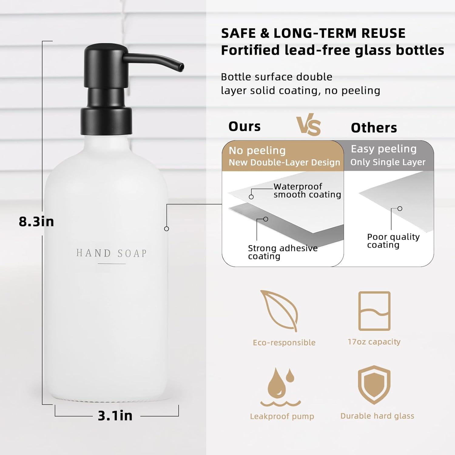 Glass Soap Dispenser - Dish Hand Soap Dispenser for Kitchen Set, Bathroom Soap Lotion Dispenser