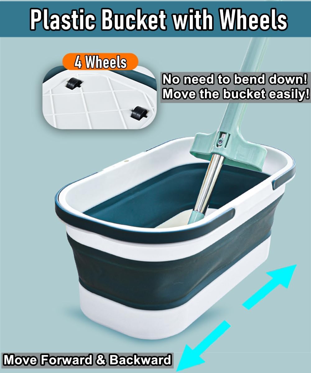 Collapsible Mop Wash Basin Bucket with Handle and Wheels, 12L (3.2 Gallon) Portable Plastic Basket
