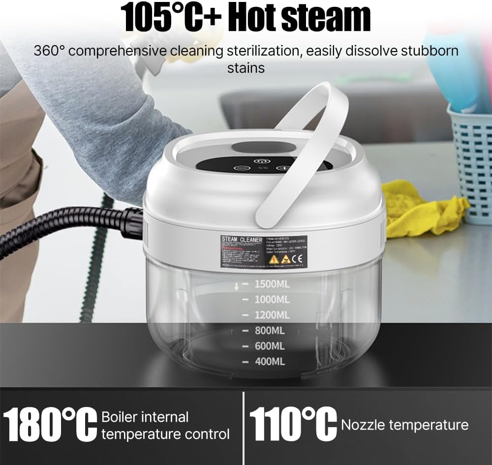 Irishom Pressurized Handheld Steam Cleaner with 3 Brushes and Extended Rod, Deep Cleaning Steamer