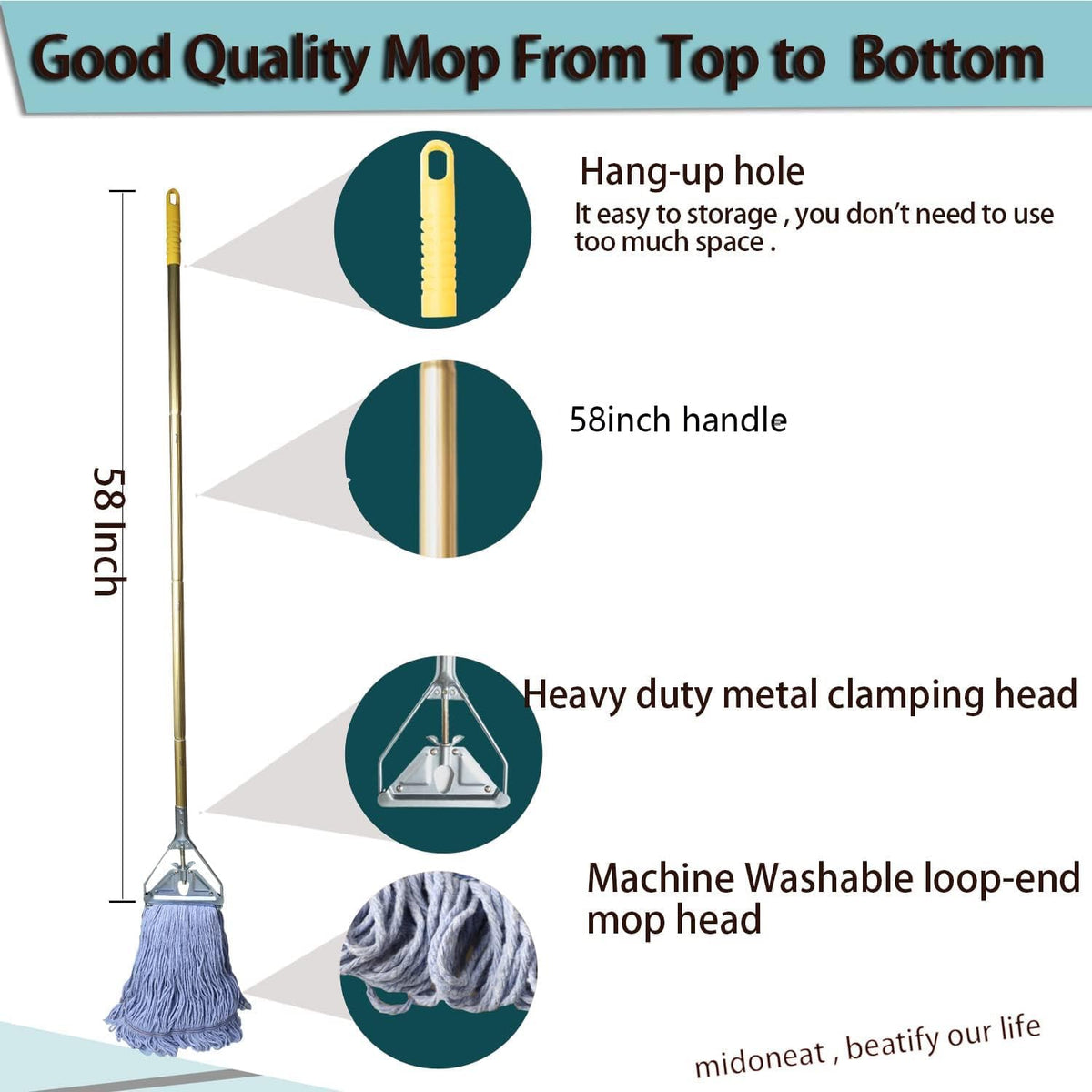 Heavy Duty Commercial Industrial Mop ,58" Looped-End String Wet Cotton Mops for Floor Cleaning