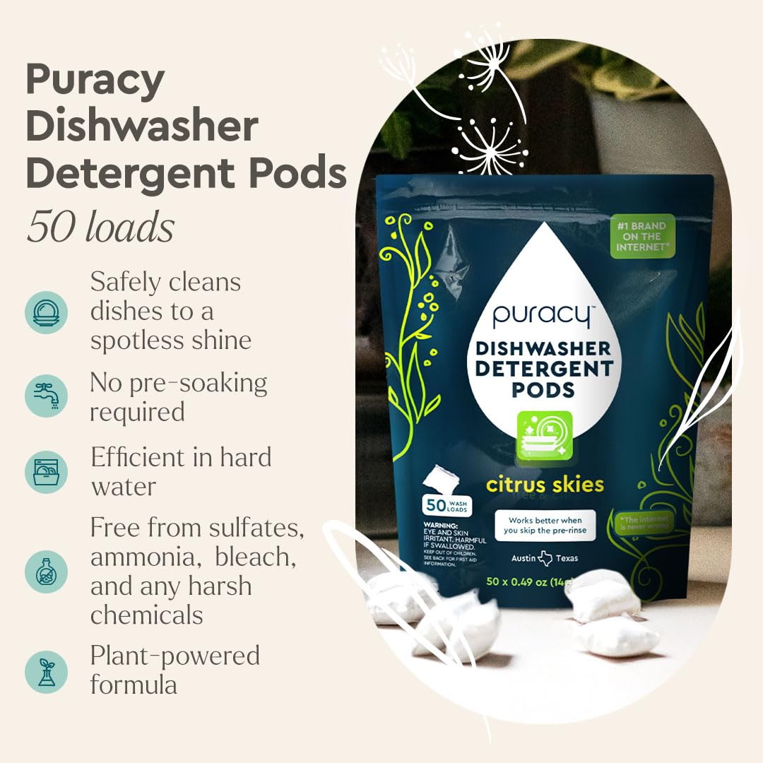 Puracy Dishwasher Pods, Natural Dishwasher Detergent, Citrus Skies Dish tabs - Enzyme-Powered, Spot