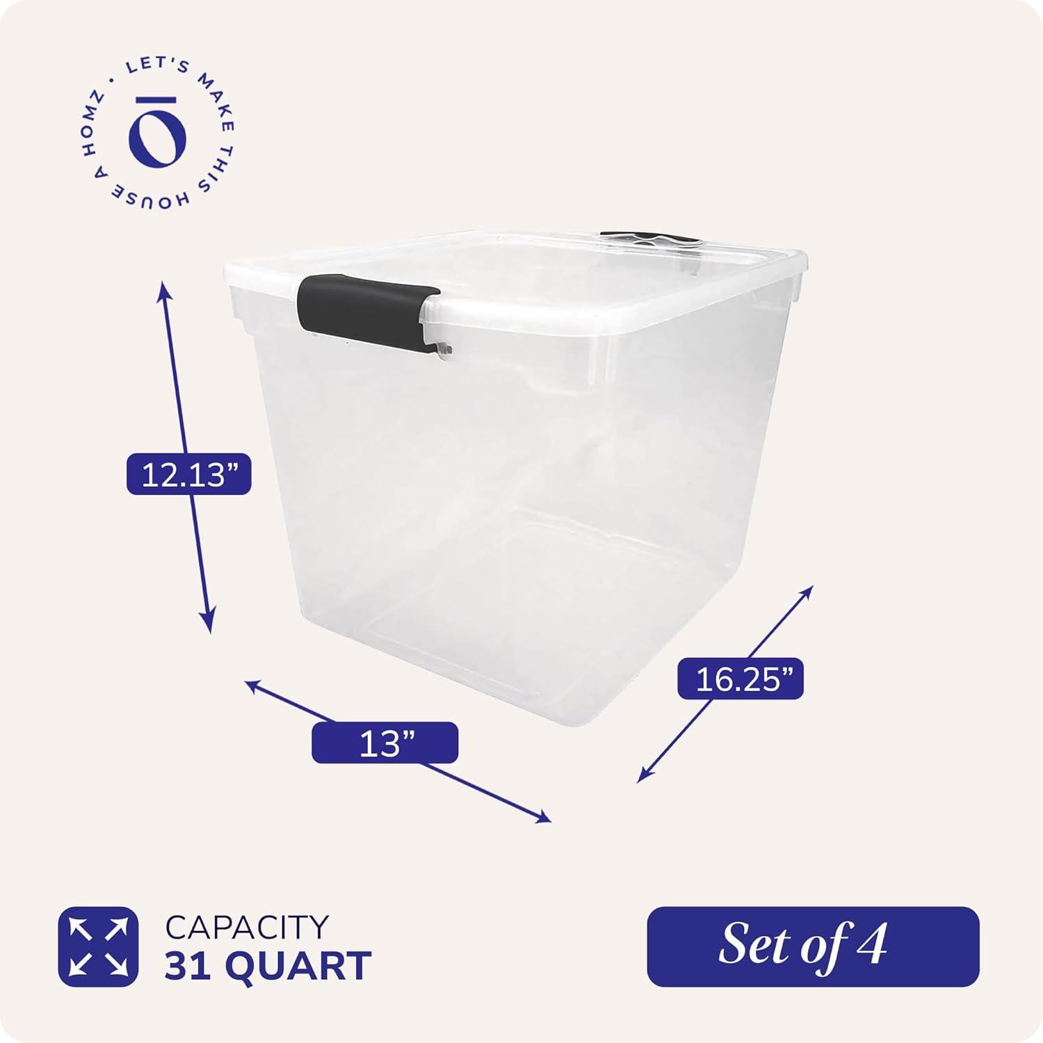 HOMZ 4-Pack Latching Lid, Large Clear Plastic Storage Bins with Lids, 31 Quart, Gray Latch