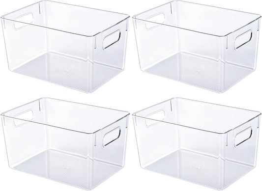 JollyPack 4 Pack Clear Plastic Storage Bins, Pantry Organizers and Storage with Handles, Clear