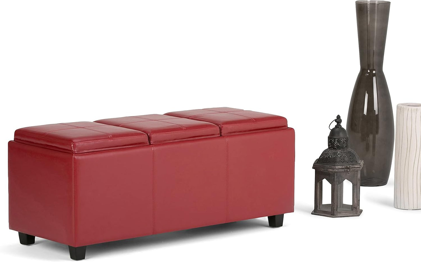 SIMPLIHOME Avalon 42 inch Wide Contemporary Rectangle Storage Ottoman in Red Vegan Faux Leather