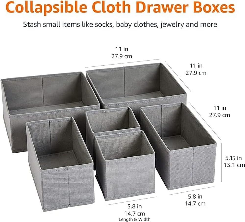 Amazon Basics Cloth Drawer Storage Organizer Boxes for Socks, Underwear and Baby Items, Set of 6
