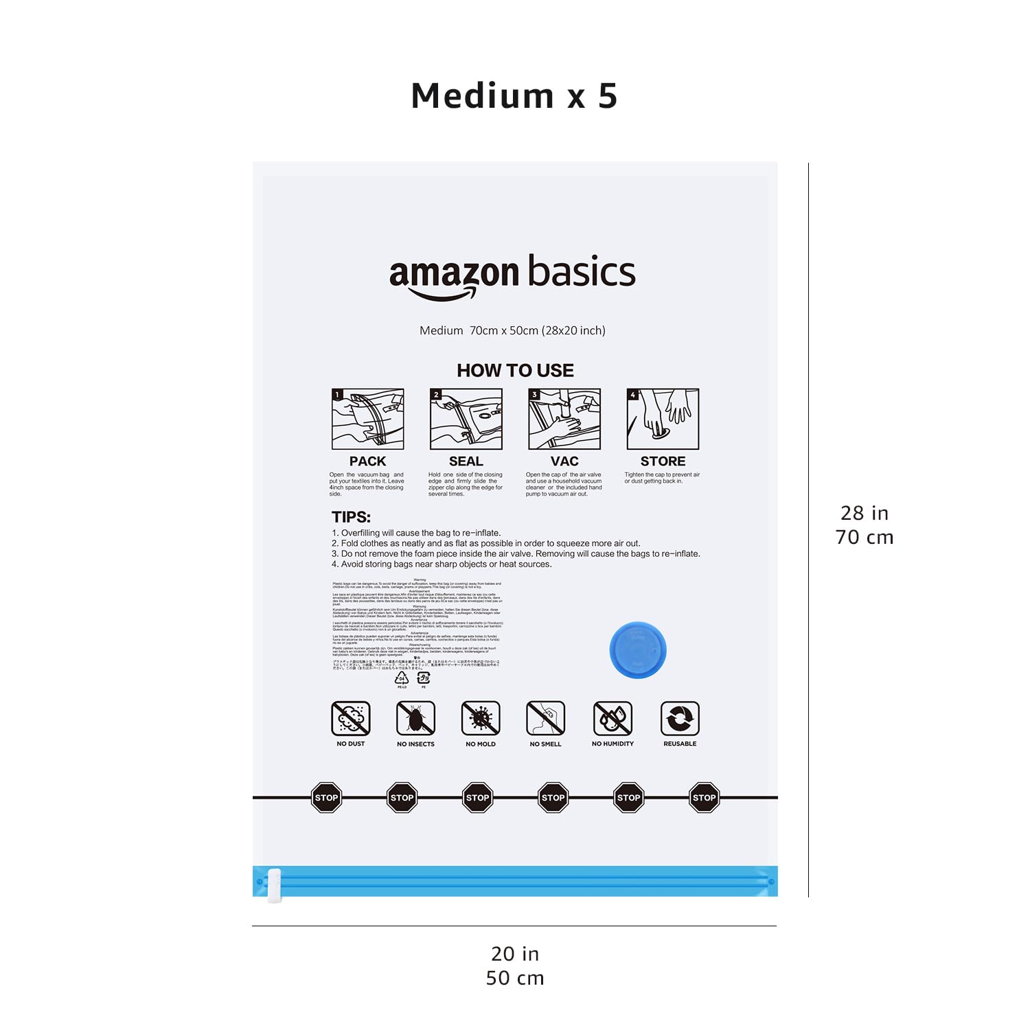 Amazon Basics Vacuum Storage Bags for Clothes, Compression Zipper with Hand Pump, Medium, White