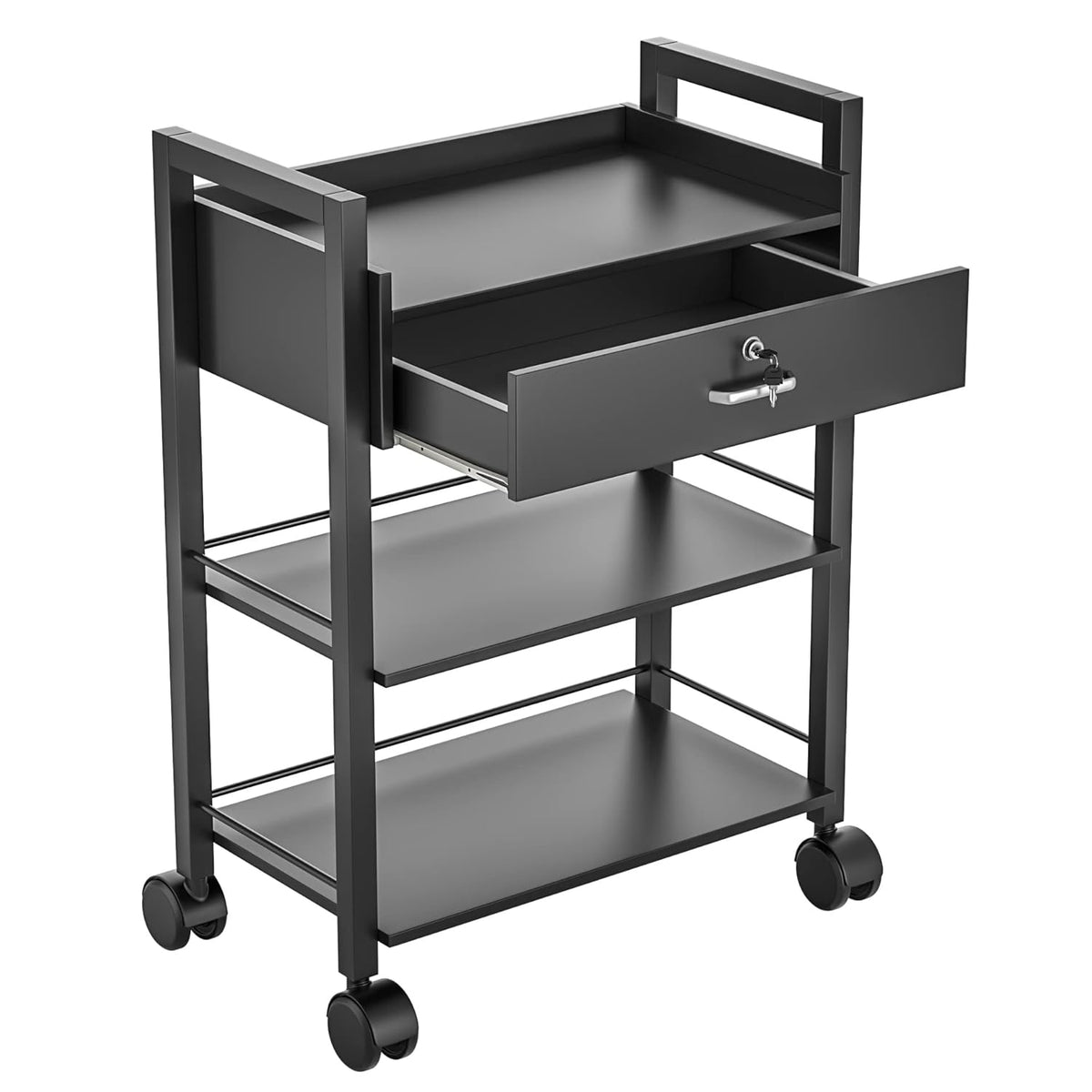 Paddie Salon Trolley Cart, Salon Tray Wooden Mobile Utility Cabinet with 1 Drawer 2 Trays, Rolling