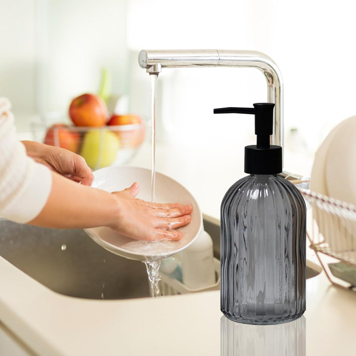 Grey Glass Soap Dispenser with Black Plastic Pump, 13.5oz Refillable Liquid Hand Soap Dispenser