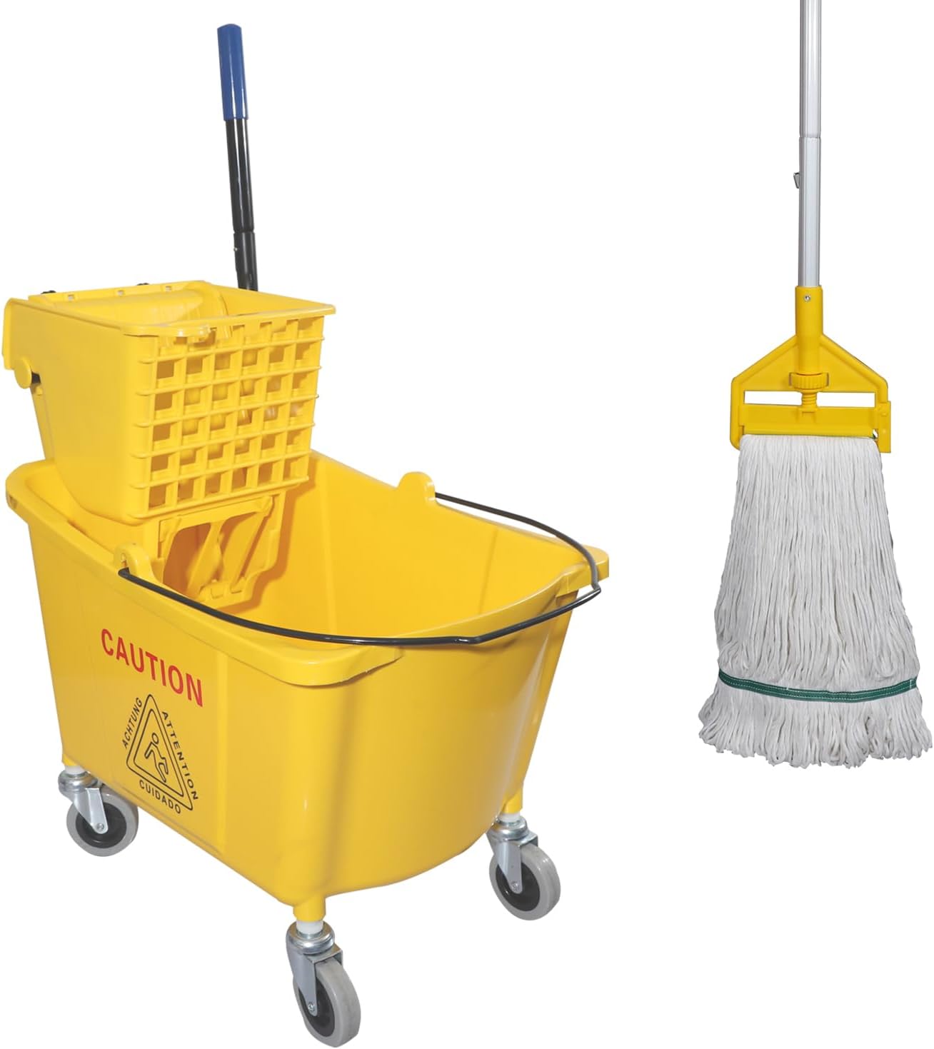 Commercial Mop Bucket with Side Press Wringer on Wheels, Including One Commercial Mop, 35 Quart