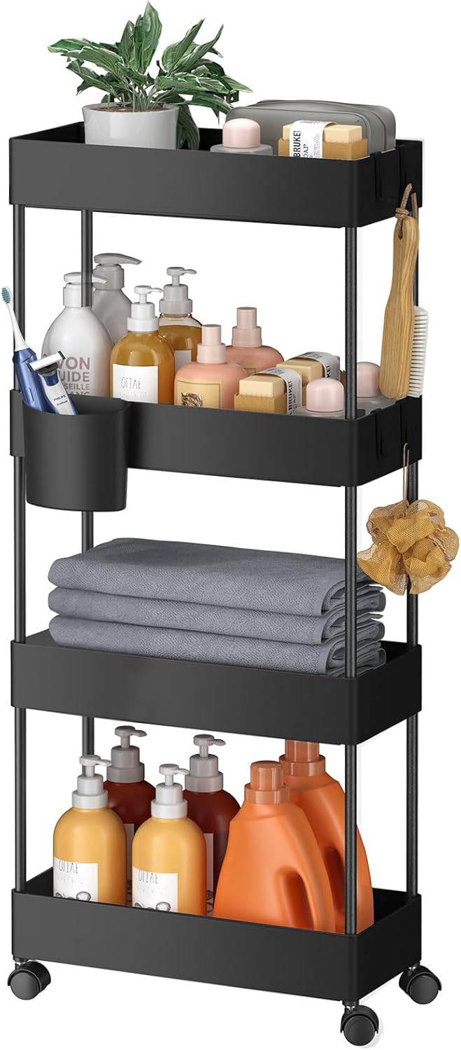 Pipishell Slim Storage Cart with Wheels - Bathroom Cart Organizer Storage, 4Tier Rolling Carts for