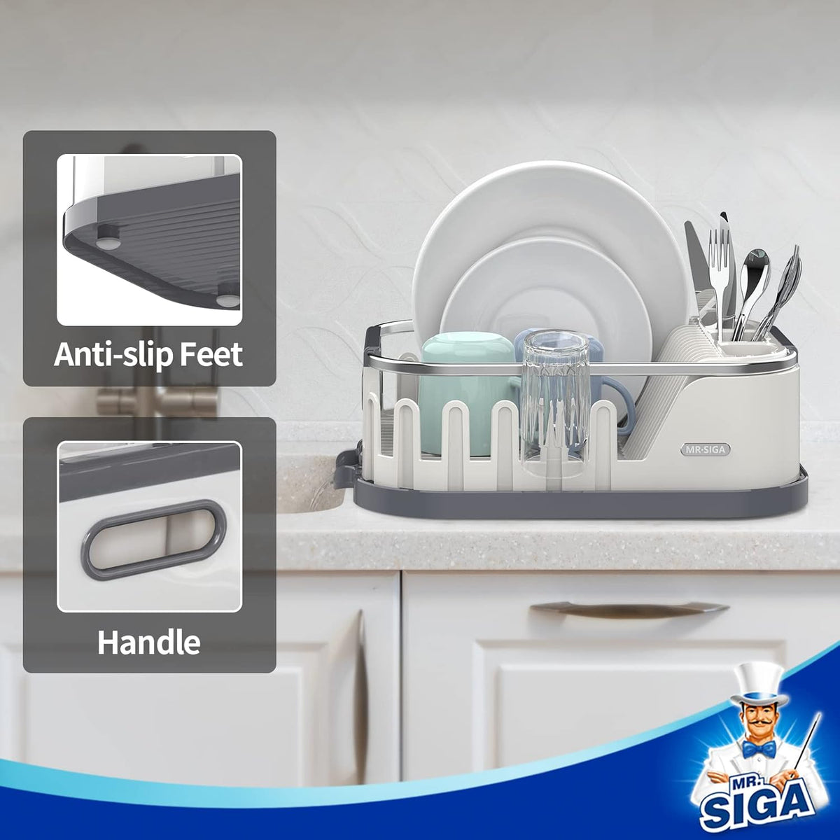 MR.SIGA Dish Drying Rack for Kitchen Counter, Compact Dish Drainer with Drainboard, Utensil Holder