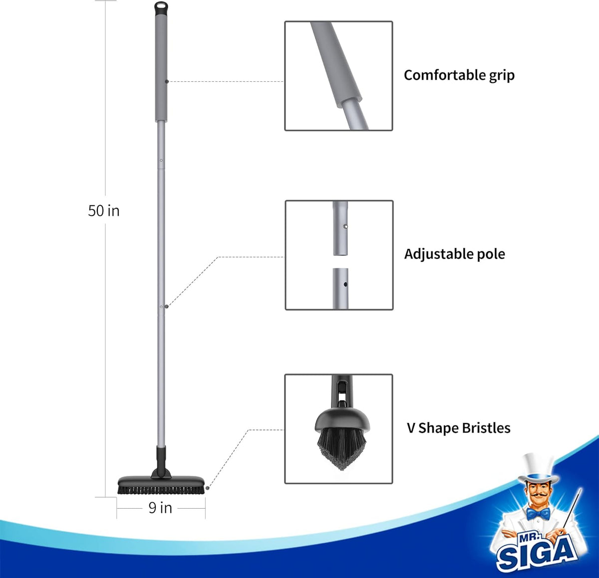 MR.SIGA Heavy Duty Grout Scrub Brush with Long Handle, Shower Floor Scrubber for Cleaning, Tile