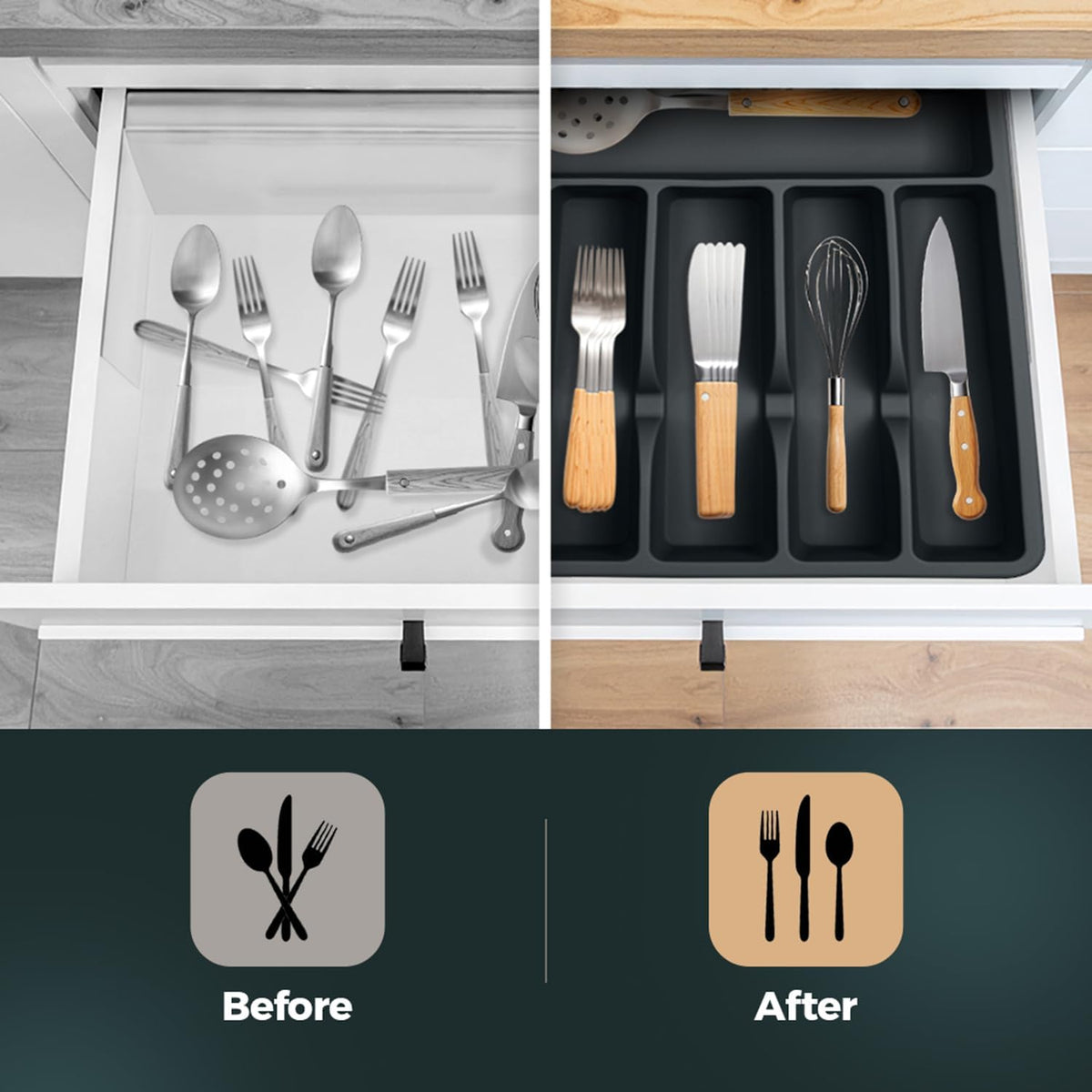 Silicone Silverware Drawer Organizer – Non-Slip Utensil Holder for Kitchen Drawers | Cutlery Tray