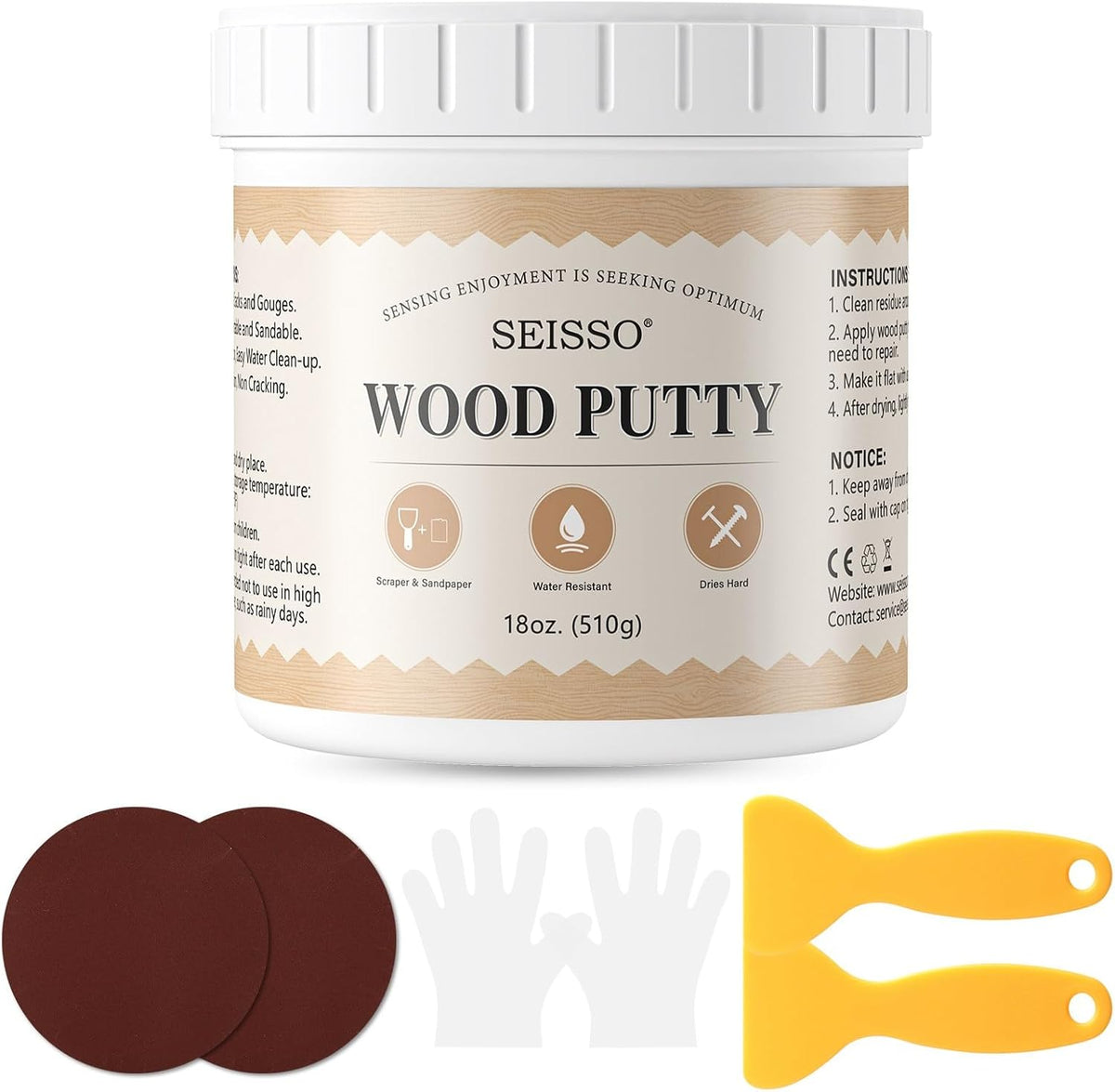 SEISSO Wood Filler & Putty - Waterproof Outdoor Wood Repair Putty, Paintable & Stainable, White