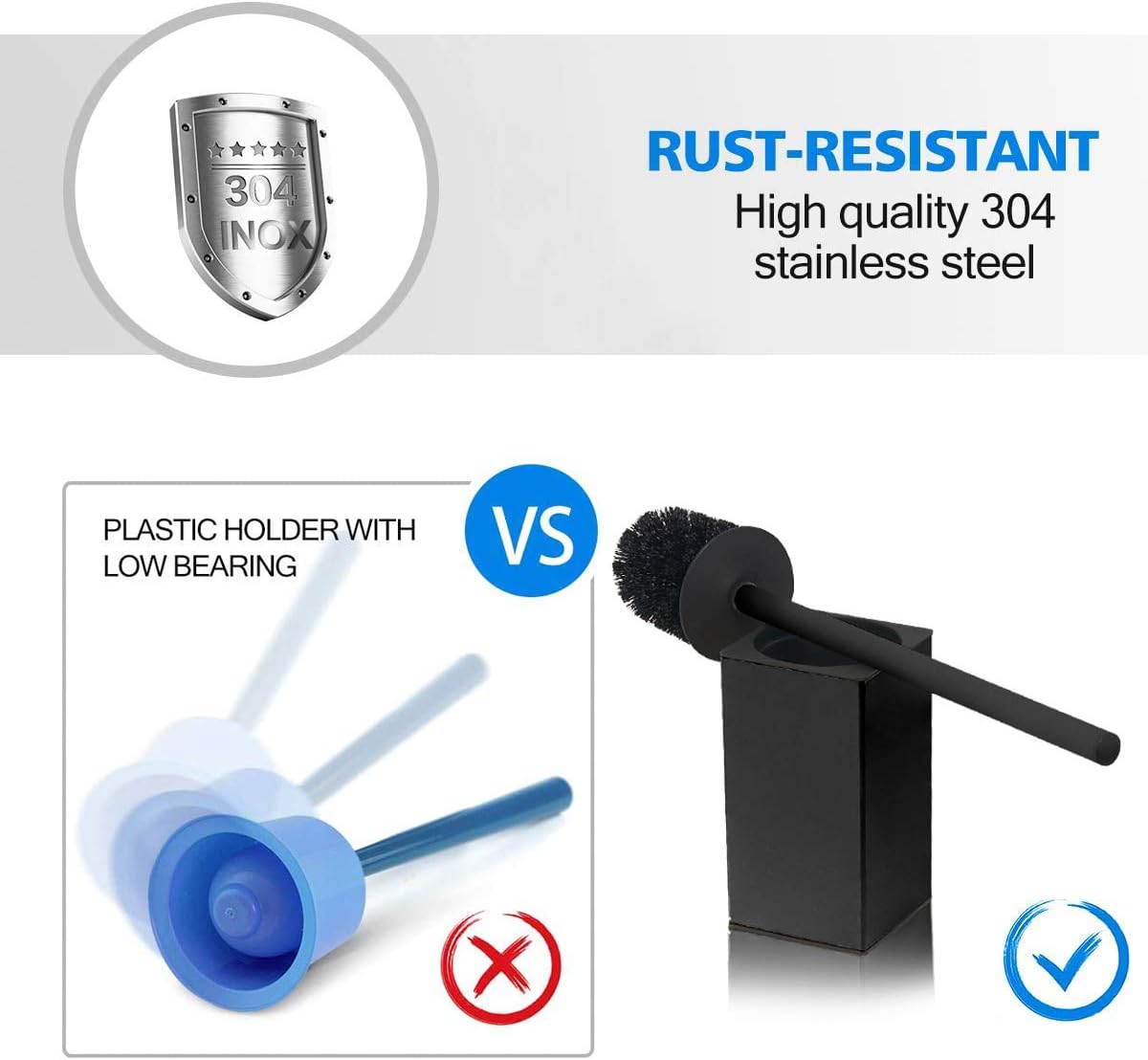 Toilet Brush Holder Stainless Steel 304 Standing Black Square Toilet Brush Holder for Bathroom