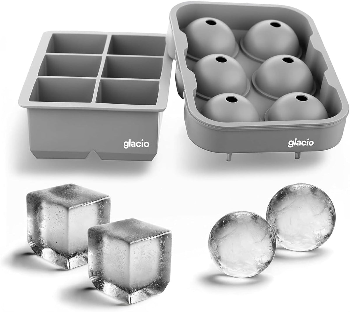 glacio Silicone Ice Cube Trays – Large Silicone Molds for 2-Inch Ice Cubes and Spheres Whiskey Ice