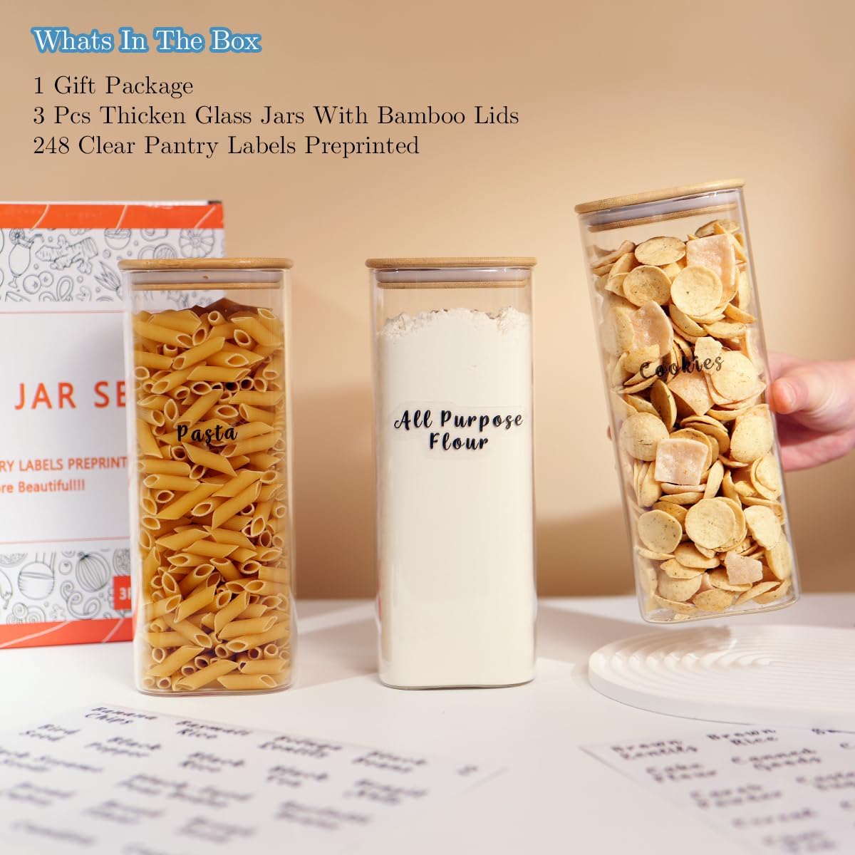 3 Pcs Square Glass Pantry Storage Containers with Bamboo Airtight Lid and 248 Clear Pantry Labels
