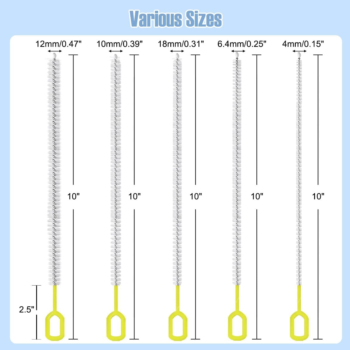 Straw Cleaner Brush Set – 10 Inch, 5 Sizes (4–12mm) Nylon Bristles – Heavy-Duty, Non-Scratch