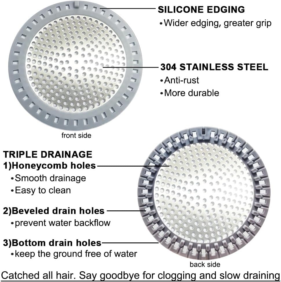 2PCS Shower Drain Hair Catcher, Shower Drain Strainer, Stainless Steel with Silicone Edging, 4.75