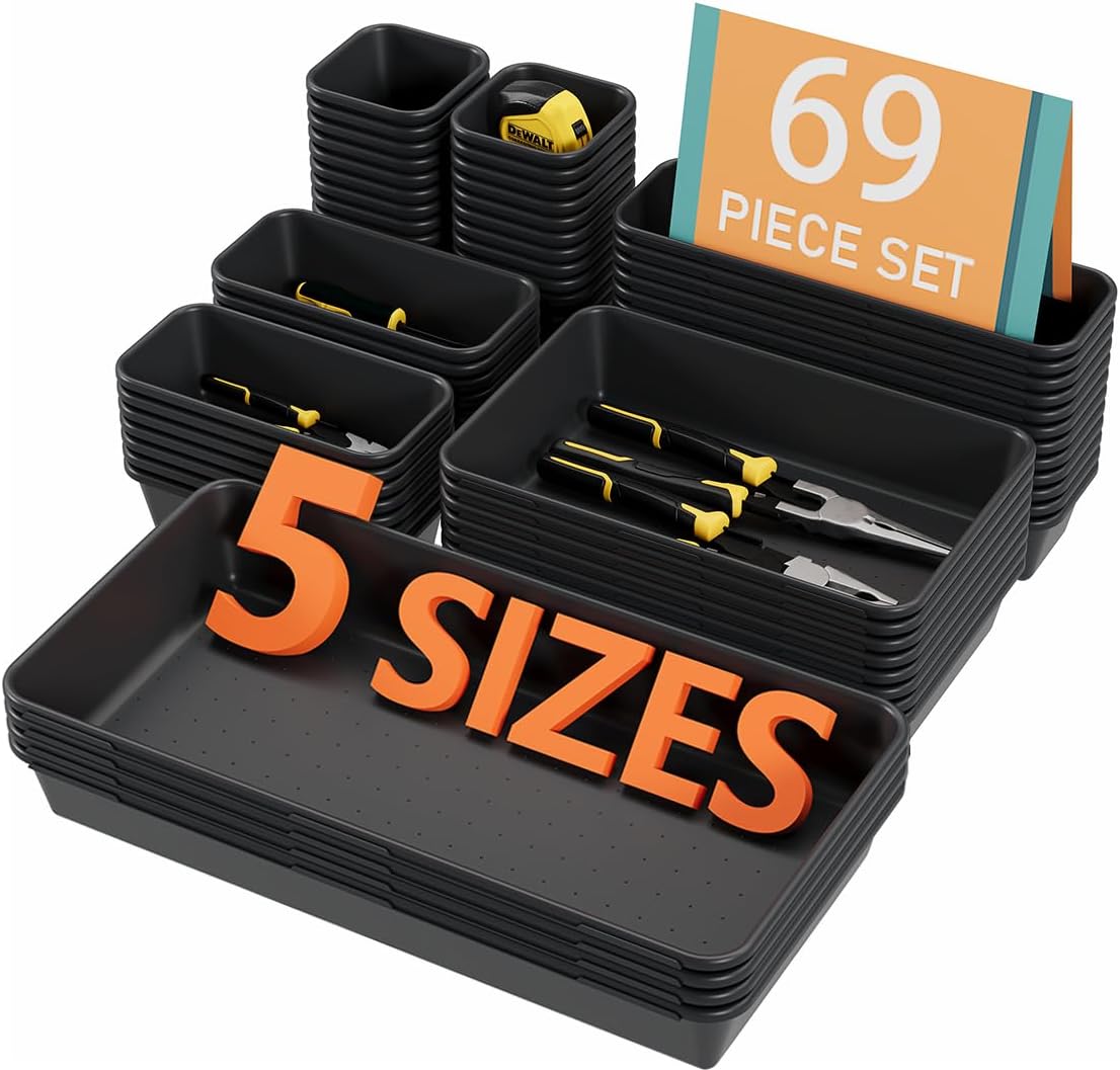 69PCS Large Plastic Interlocking Drawer Organizer, 5 Sizes Versatile Desk Drawer Organizer Trays
