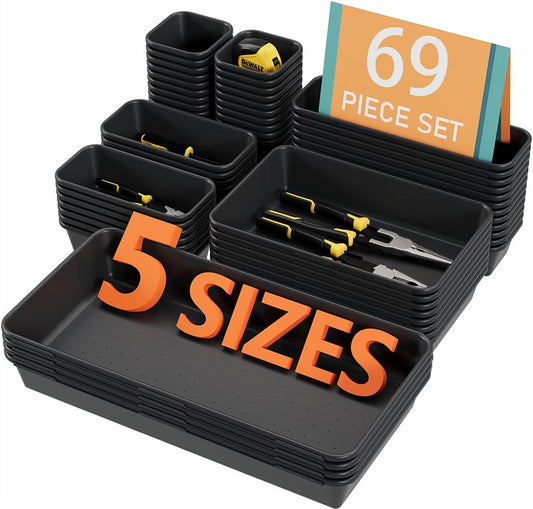 69PCS Large Plastic Interlocking Drawer Organizer, 5 Sizes Versatile Desk Drawer Organizer Trays