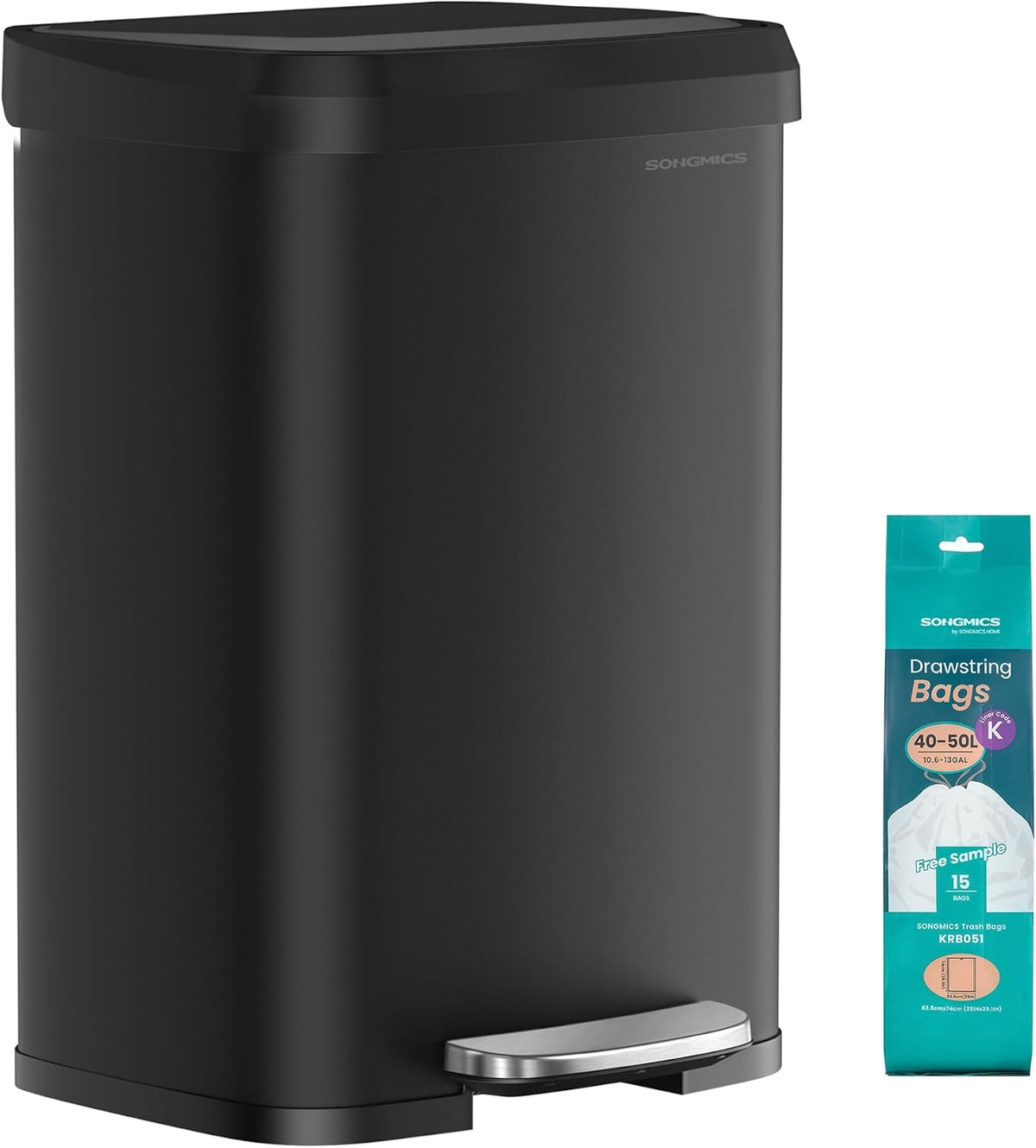 SONGMICS Kitchen Trash Can, 13 Gallon (50 L) Stainless Steel Garbage Can, with Stay-Open Lid and