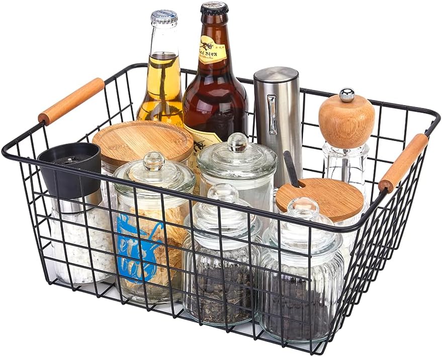 LeleCAT Large black wire baskets with Wooden Handles for storage pantry, Storage Organizer Baskets