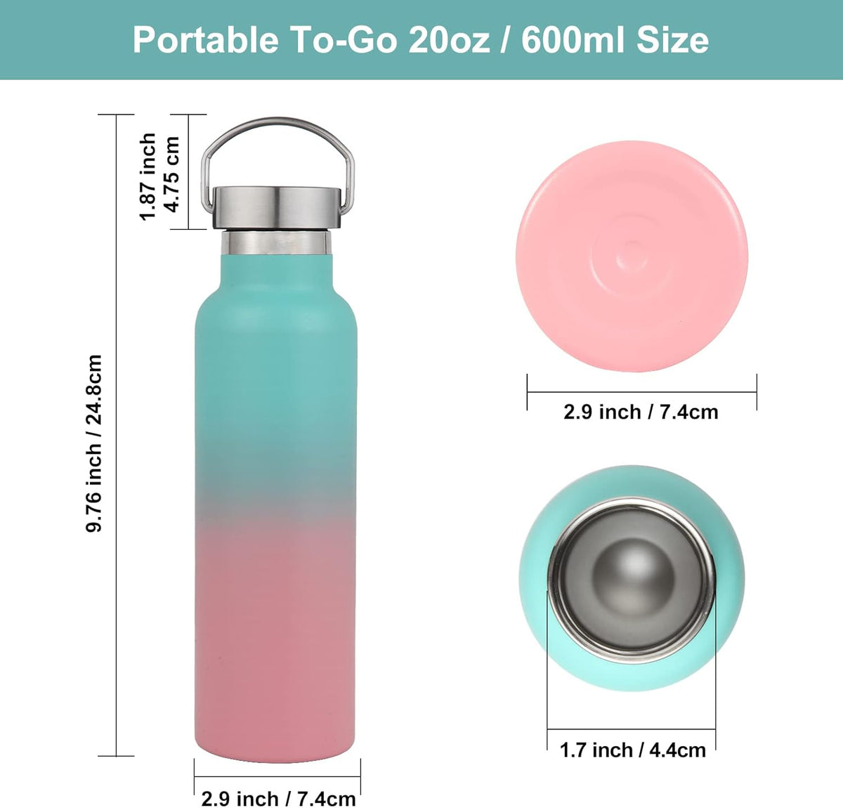 Neihepal 20 oz Insulated Water Bottles Bulk 4 Pack,Stainless Steel Double Wall Sport Bottle with
