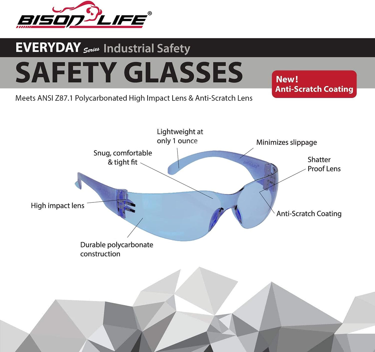 BISON LIFE Safety Glasses - Scratch Resistant Wrap Around Eyewear, Polycarbonate ANSI Z87.1 Impact