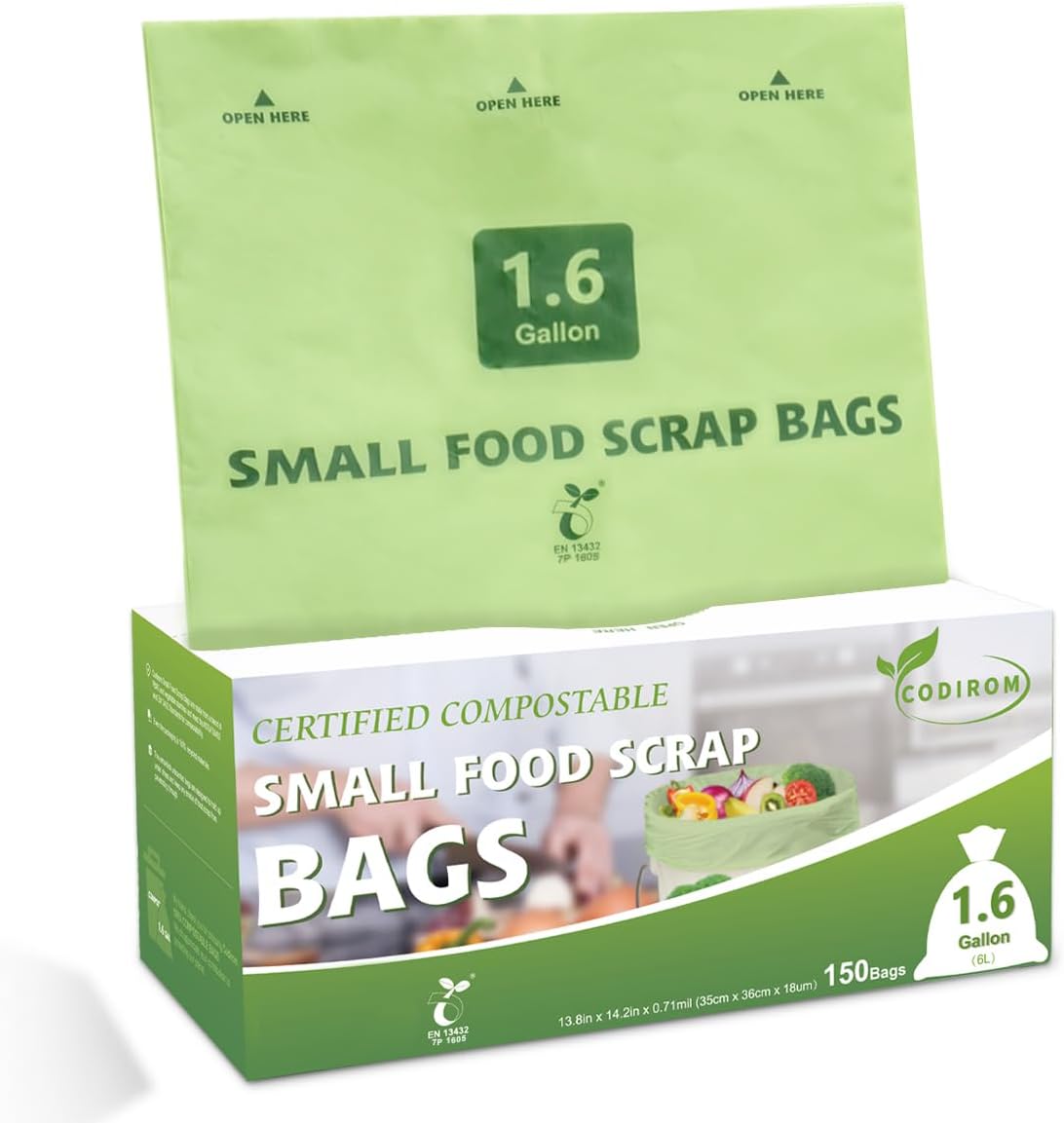 100% Compostable 1.6 Gallon Trash Bags, 6 Liter, 150 Count Kitchen Food Scrap Small Compost Bags