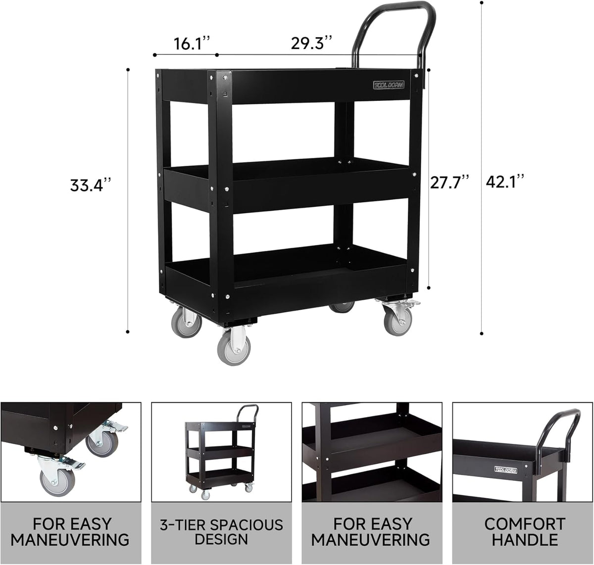 3 Tray 29.3 inch Tool Cart, self Assembly, 300 LBS Capacity Rolling Tool Carts on Wheels, Heavy