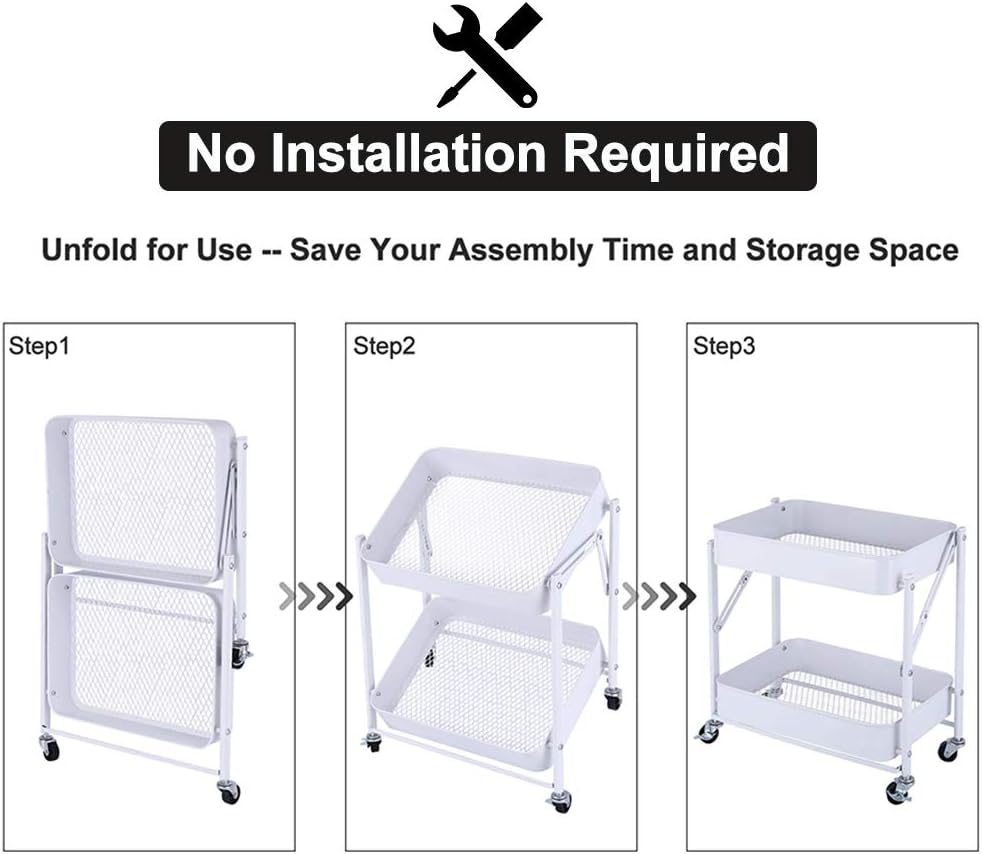 Melody House 2-Tier Metal Folding Rolling Cart, Mobile Utility Cart Trolley Storage Organizer for