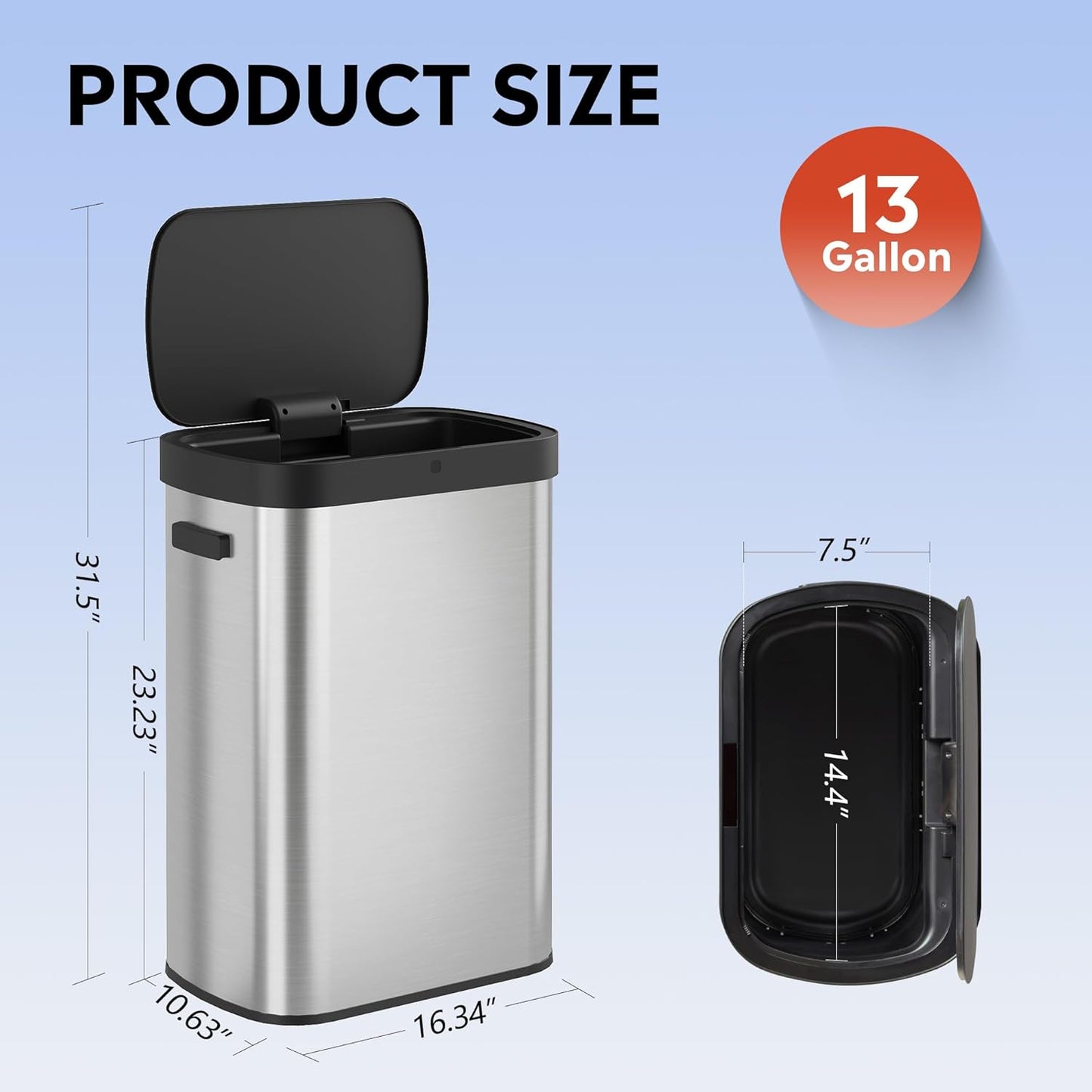 WLIVE 13 Gallon Trash Can, 50 Liter Large Capacity Motion Sensor Automatic Trash Cans Touchless