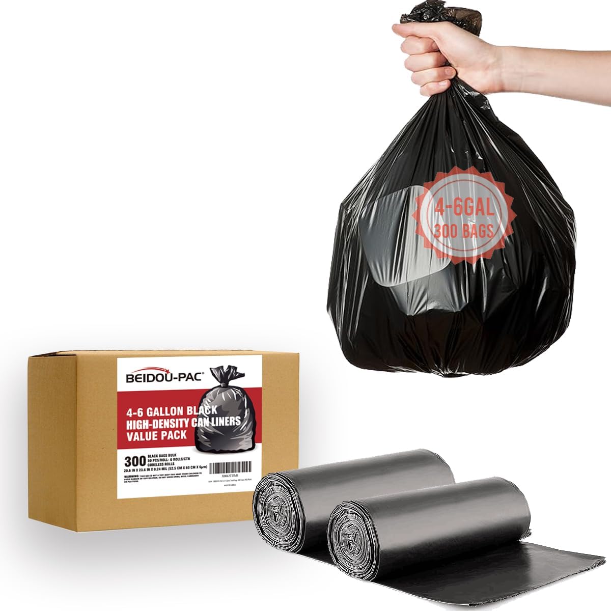 4-6 Gallon Trash Bags, 300 Count Black Garbage bags, Multi-purpose Trash Can Bin Liners for