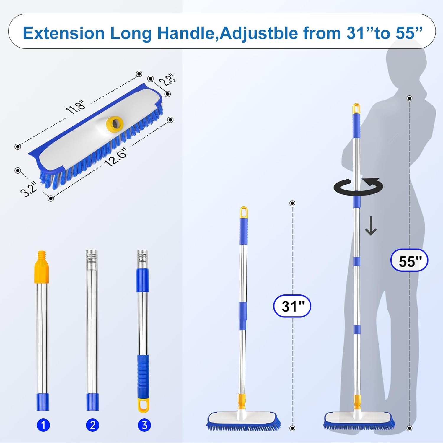 ITTAR 12" Wide Floor Scrub Brush with Long Handle, 2-in-1 Deck Cleaning Brush with 55" Extendable