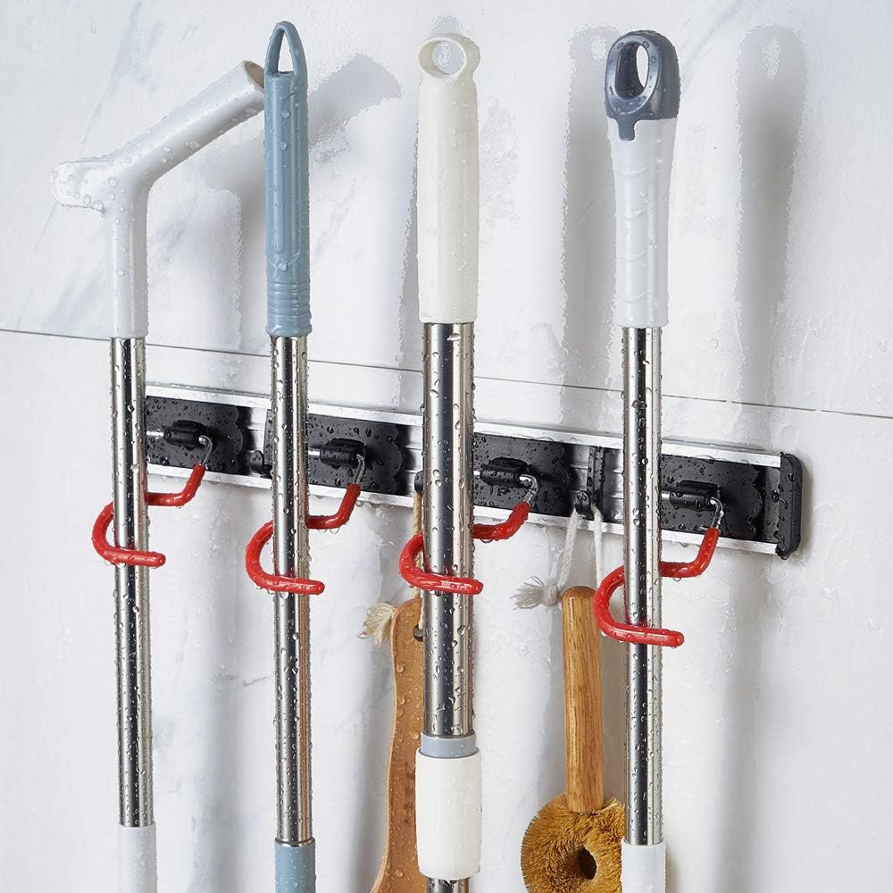 QBOSO Wall Mounted Mop and Broom Holder Stainless Steel S Type Broom Rack Anti-Slip Mop Organizer