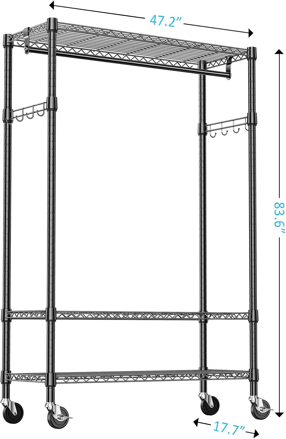 IZEUK Heavy Duty Rolling Garment Rack with 3 Adjustable Wire Shelves, 2 Hanging Rods & Side Hooks