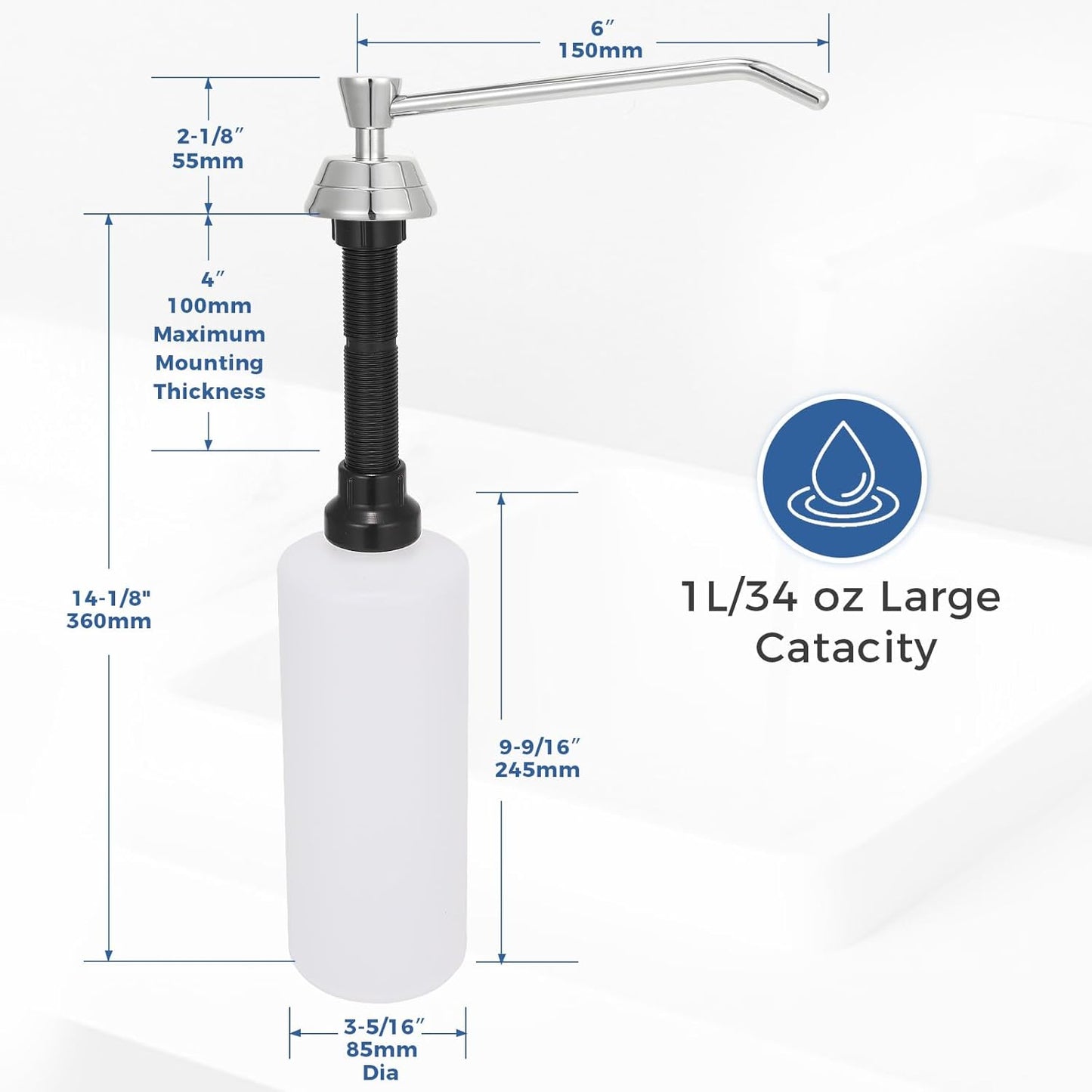 Heavy Duty Brass Countertop Liquid Soap Dispenser, Commercial Grade Top Fill Built-in Soap