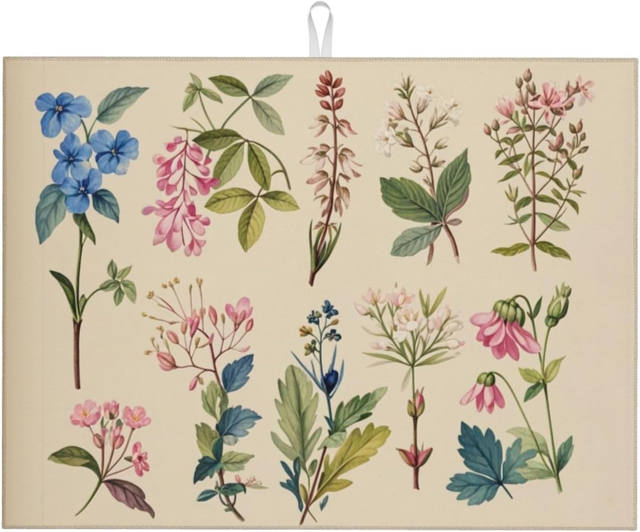 Vintage Plants Herbs Floral Dish Drying Mat Highly Absorbent Double-Sided Microfiber with Hanging